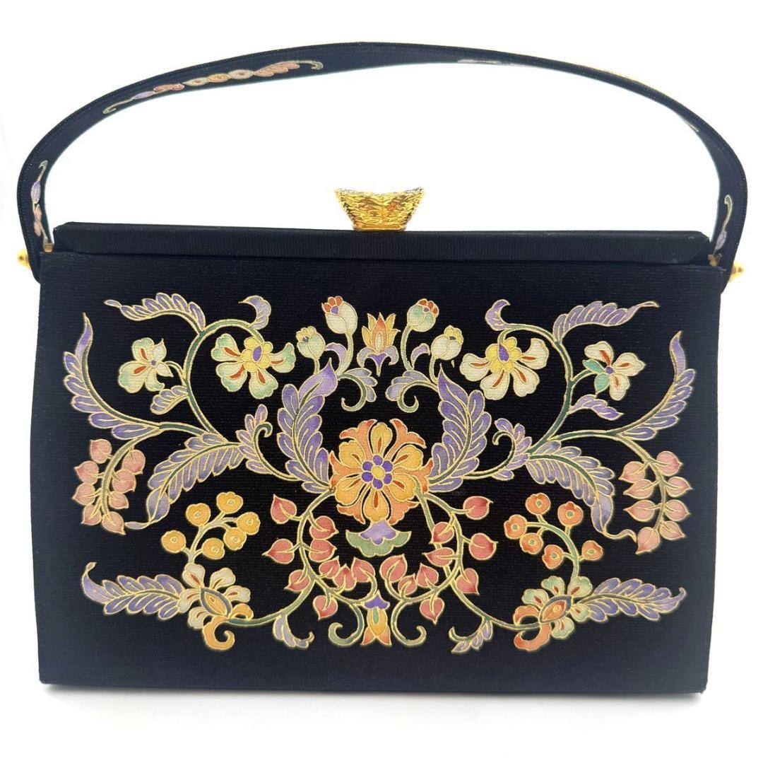 皇室御用達✨岡重　OKAJIMA　絹 100%　和装　ハンドバッグ　ビジュー　黒