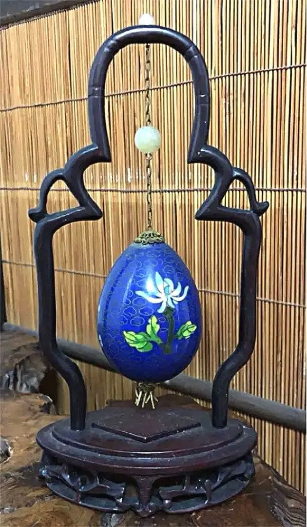 中国美術 花梅雲紋 吊り 古七宝 エッグ 唐木台 装飾