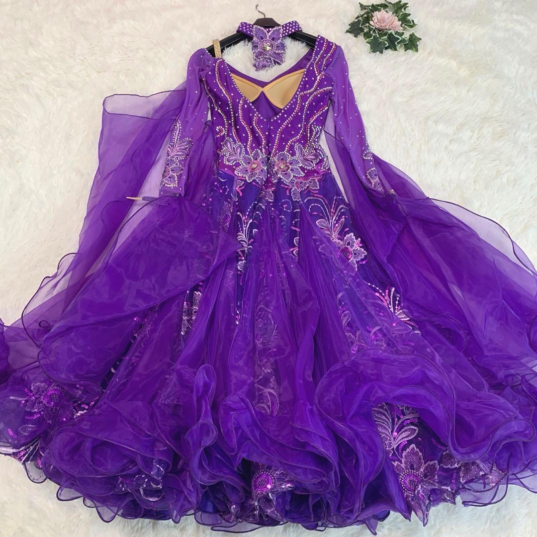 競技ダンス/ドレス【パープル/刺繍/ビジュー】社交ダンス 衣装 スタンダード