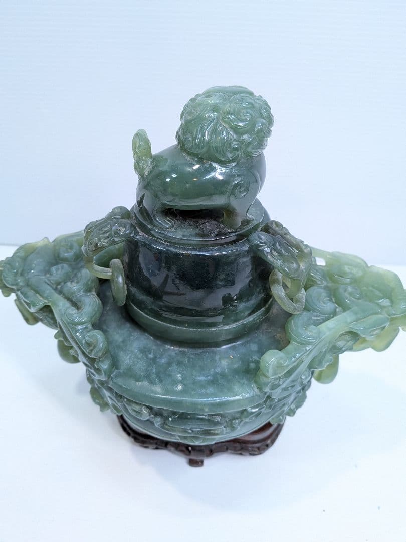 P013 中国美術 翡翠 玉石彫刻 龍彫 香炉 唐木台座付 高さ24cm 大振り