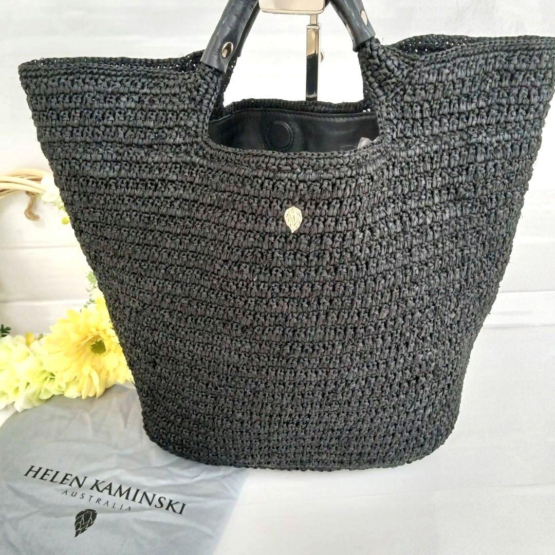 保存袋付き ヘレンカミンスキー カコバック リーフロゴ ラフィア レザー 黒