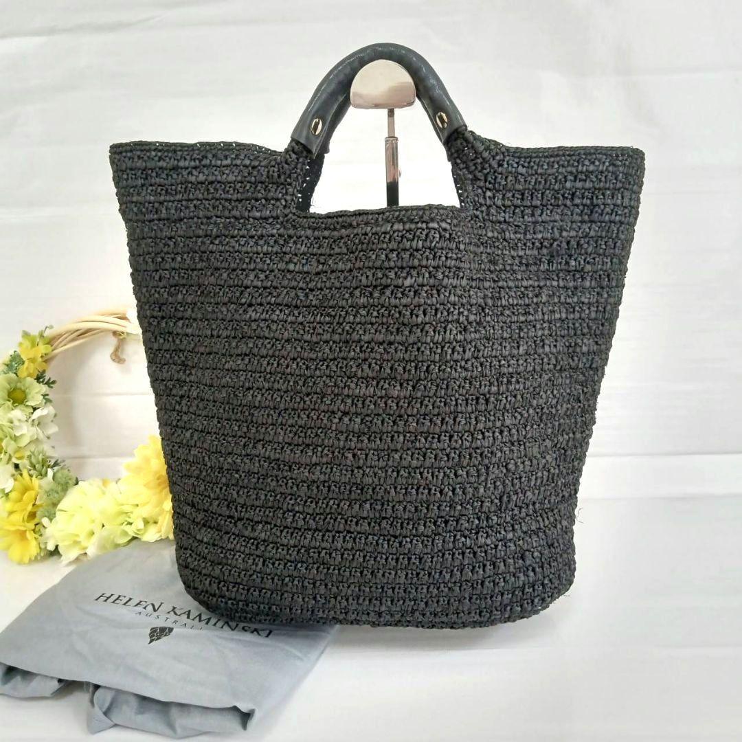 保存袋付き ヘレンカミンスキー カコバック リーフロゴ ラフィア レザー 黒