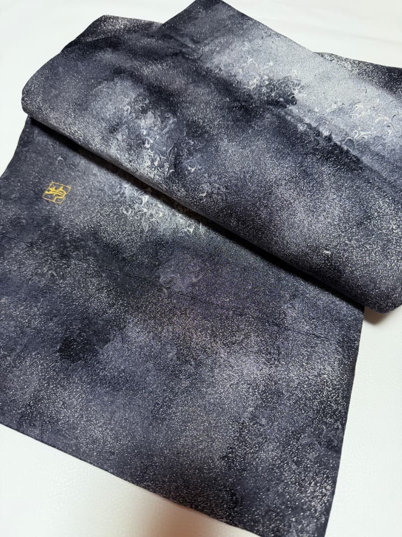 高級 袋帯 正絹 六通柄 墨流し 落款入り ブルー ブラック フォーマル 訪問着