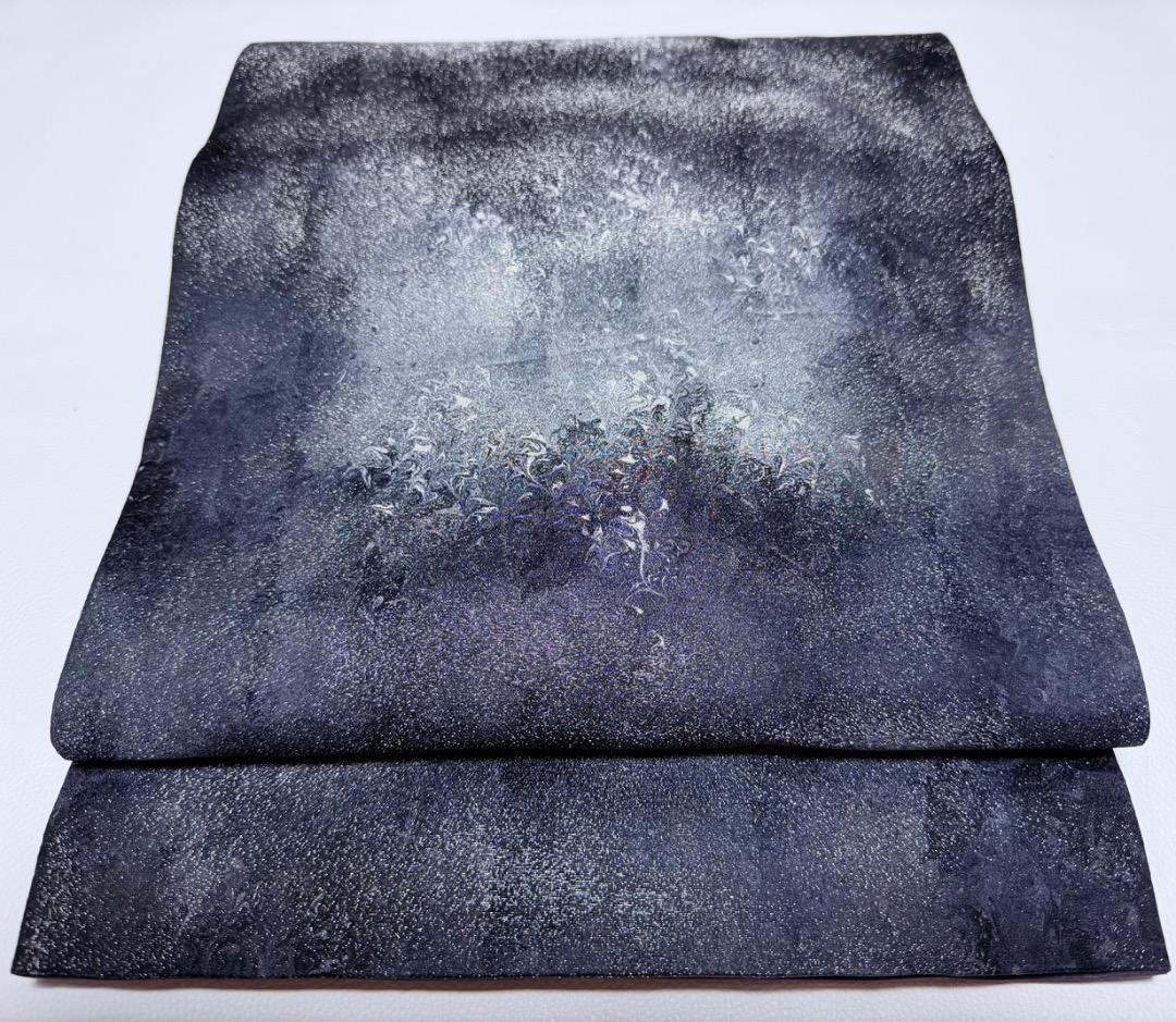 高級 袋帯 正絹 六通柄 墨流し 落款入り ブルー ブラック フォーマル 訪問着