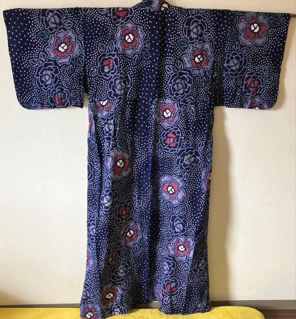 有松絞り　アンティーク着物店Ponia-Pon（ポニアポン）ネイビー 花柄 浴衣