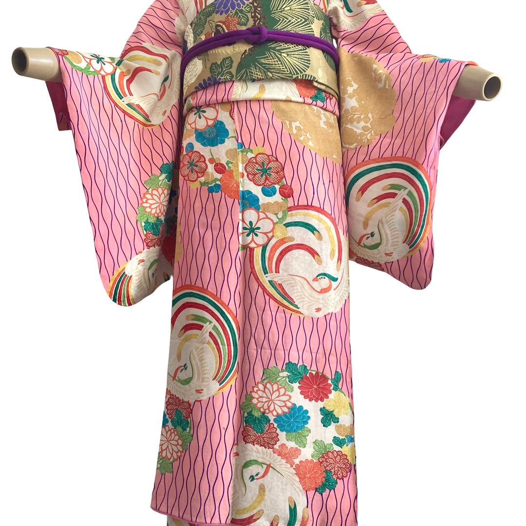 アンティーク ジュニア 着物 鳳凰 花丸文 アンティーク着物 NO66