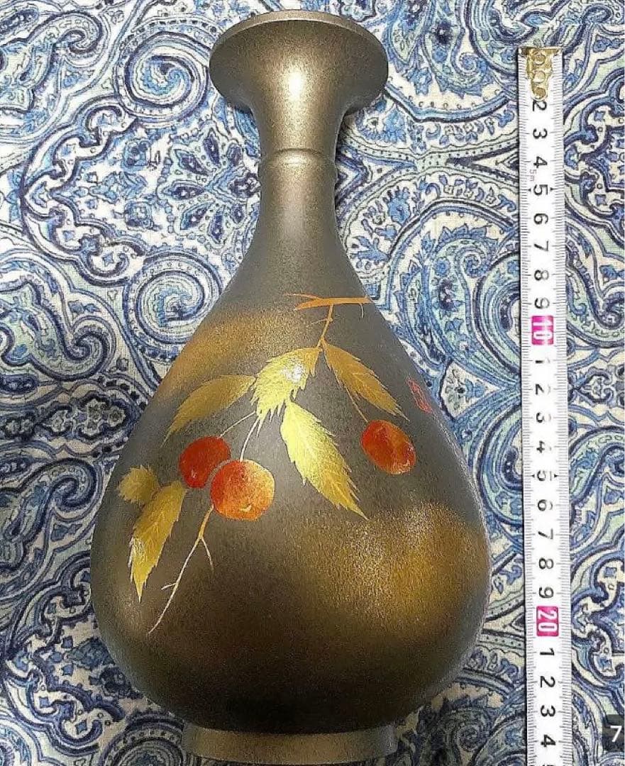 金運爆上げ　風水最高！高級山形限定品　縦15cm特殊朱銅製さくらんぼ花瓶　月山釜