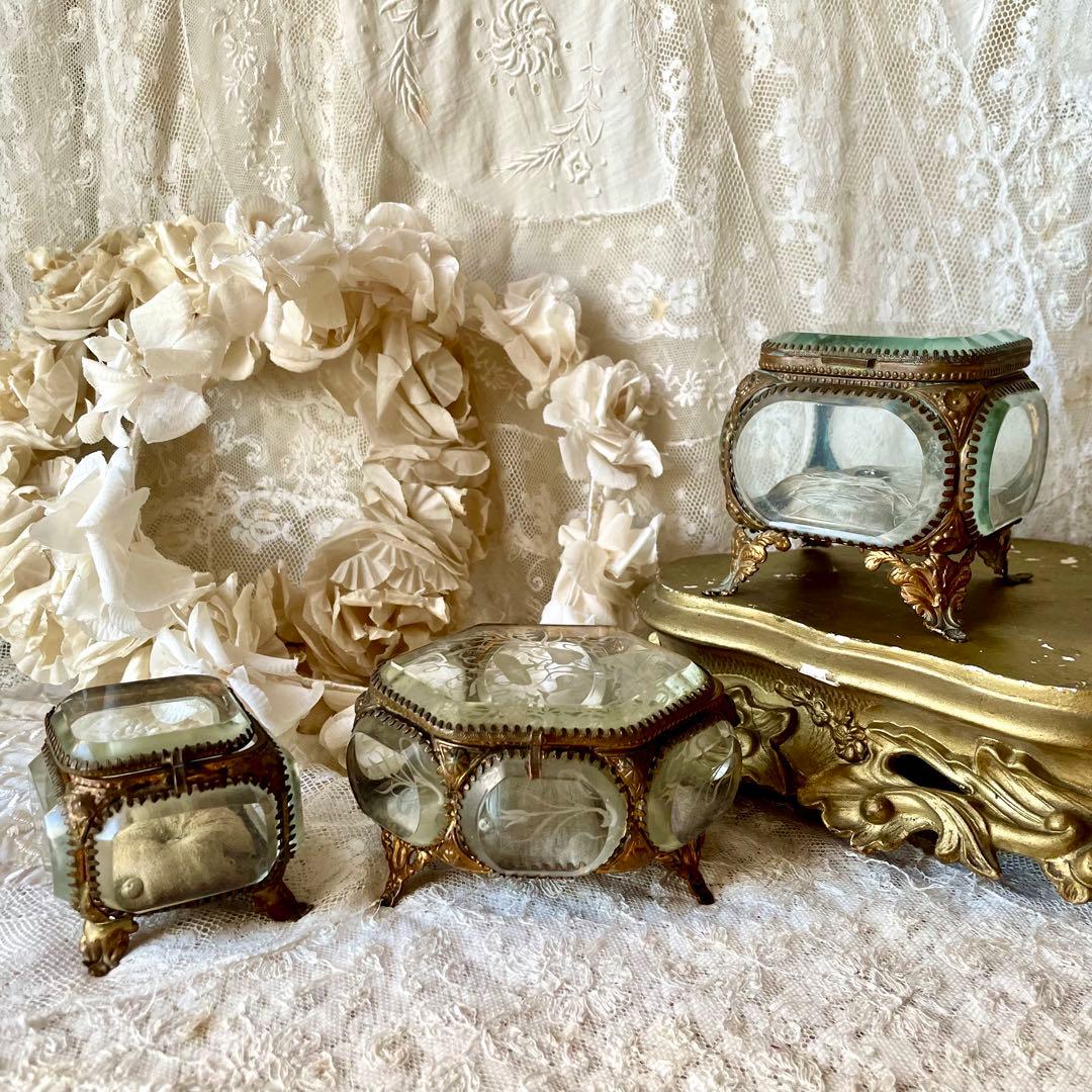 6角形ベベルガラスジュエリーボックス　アクセサリーケース　フランスアンティーク