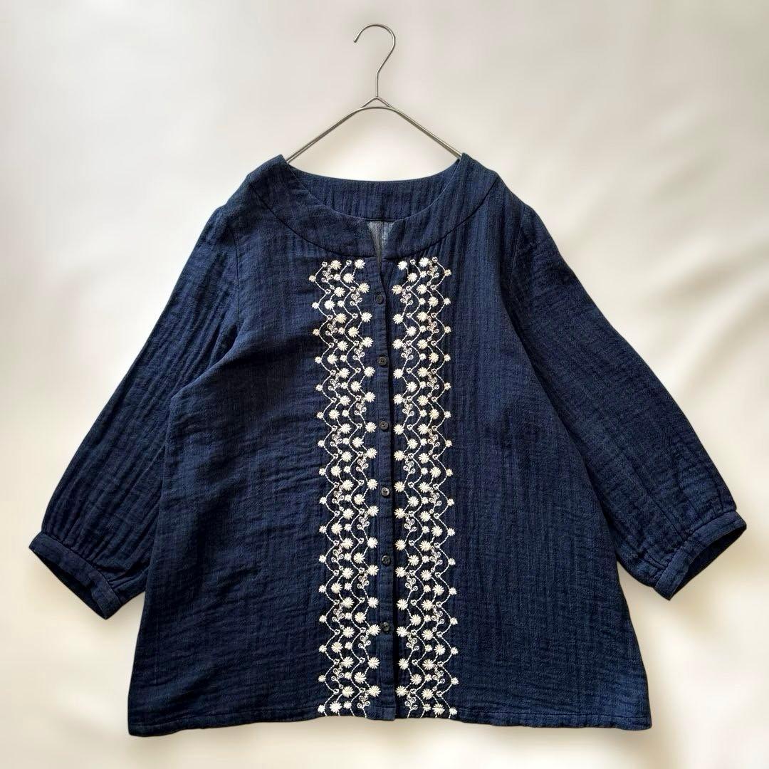 群言堂 根々 石見銀山生活文化研究所 刺繍 インディゴ 藍 シャツ ブラウス