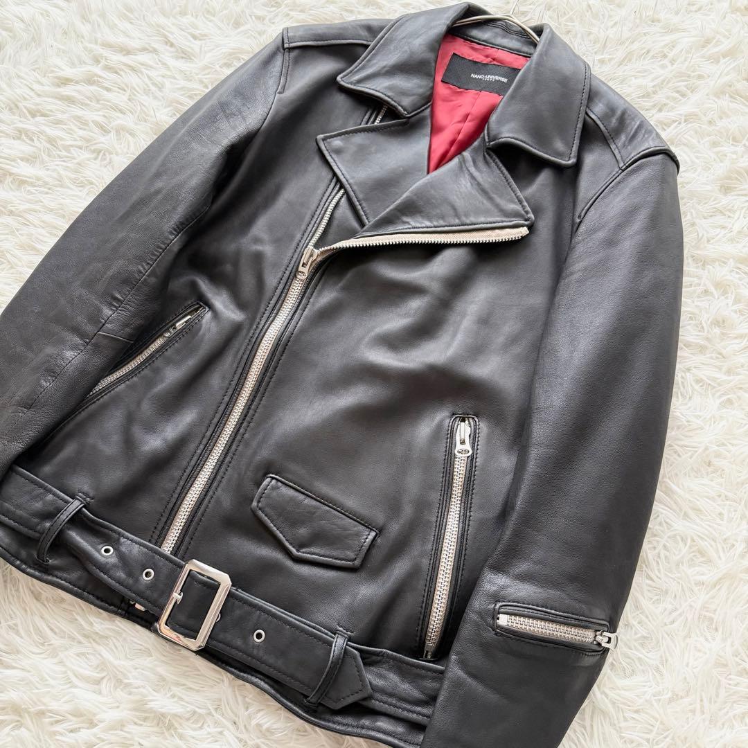 美品【ナノユニバース】ラムレザージャケット　ダブル　黒　L