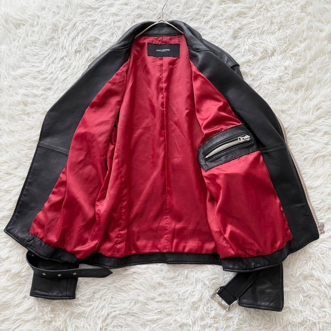 美品【ナノユニバース】ラムレザージャケット　ダブル　黒　L