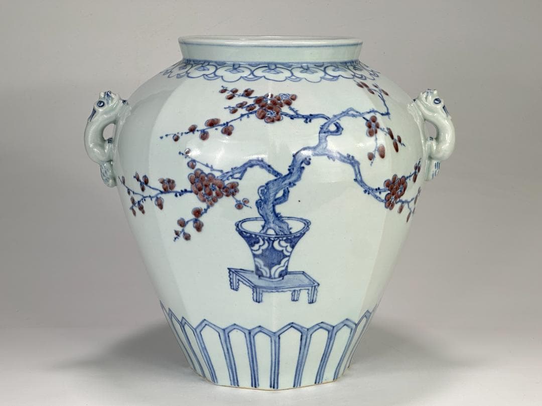 韓国美術　韓国人間国宝　安東五　白磁器　獣耳辰砂染付大花瓶　共箱