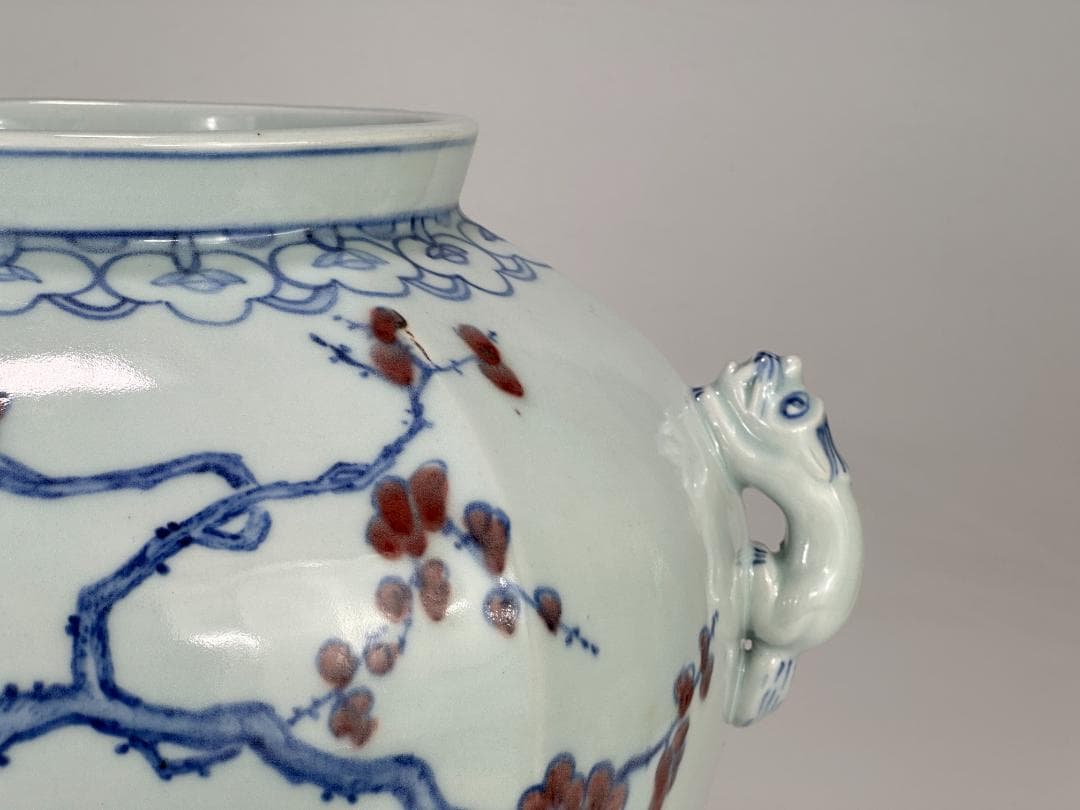 韓国美術　韓国人間国宝　安東五　白磁器　獣耳辰砂染付大花瓶　共箱