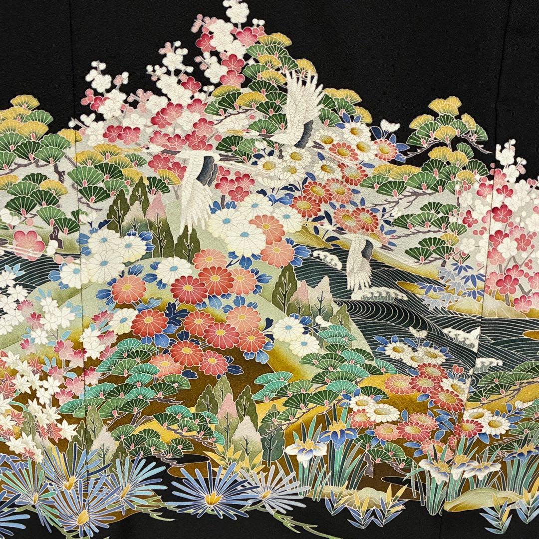 D128 黒留袖 友禅 落款入 鶴 花模様 正絹 着物 袷 極美品