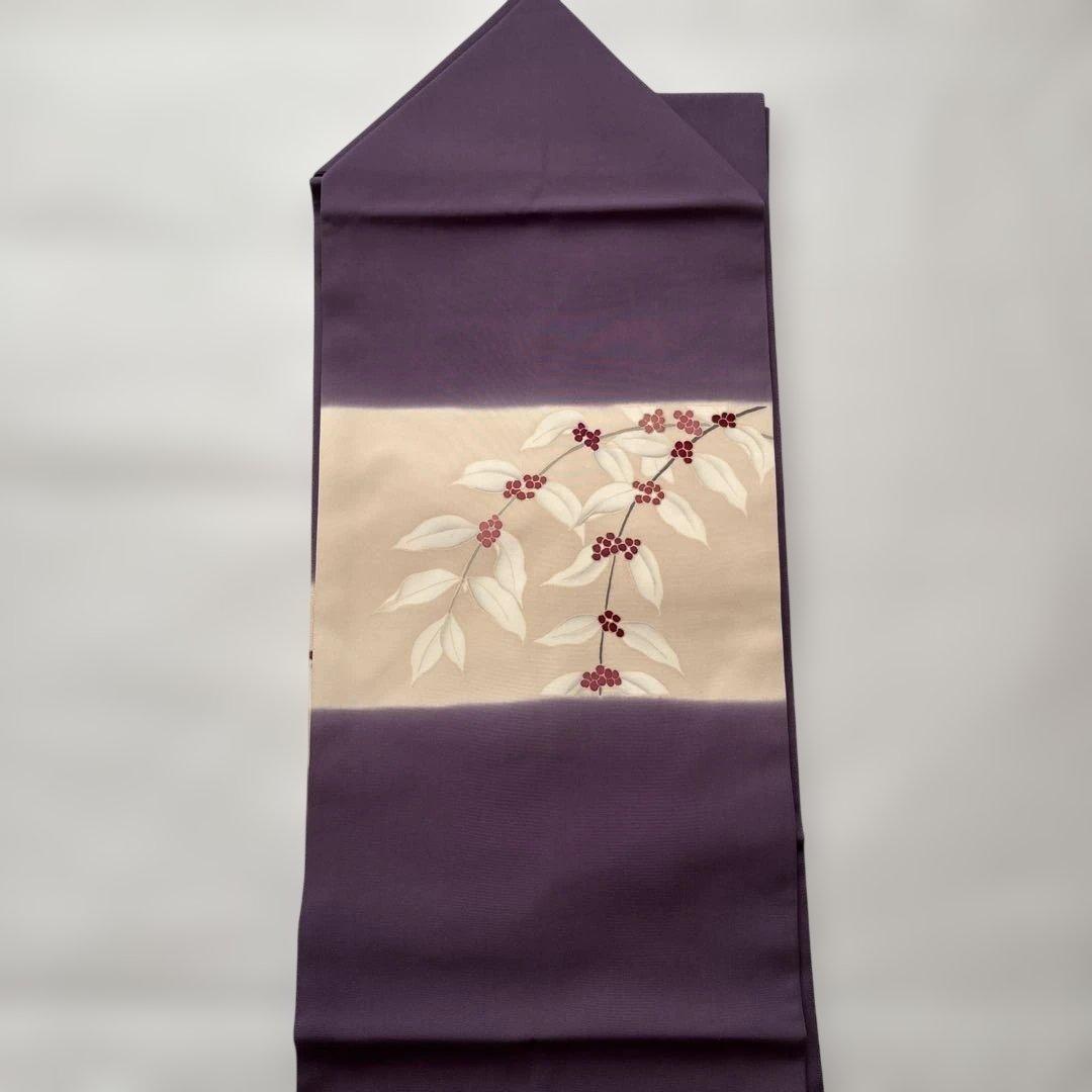 ⭐️九寸名古屋帯 ⭐️紫色　塩瀬帯　はんなり　お太鼓柄　金彩　染め帯　植物柄