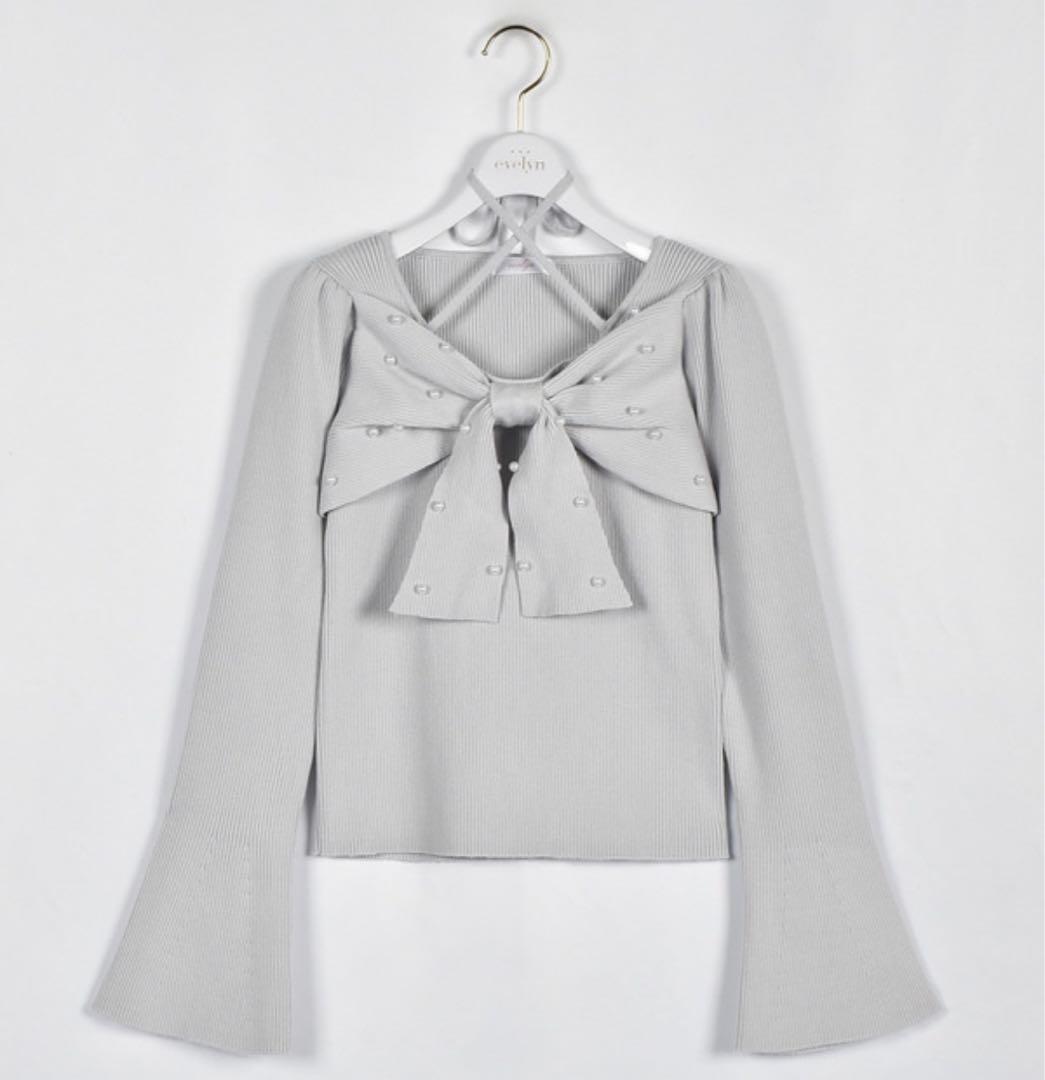 evelyn エブリン リボンクロスニット アイスグレイ グレー ブルー