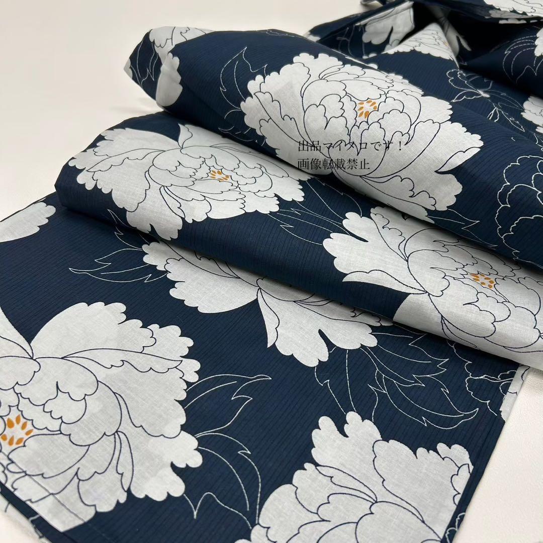 浴衣　大きめサイズ　浴衣 3L 牡丹　濃紺　帯　紺グレー　2点　新品　0731⑥