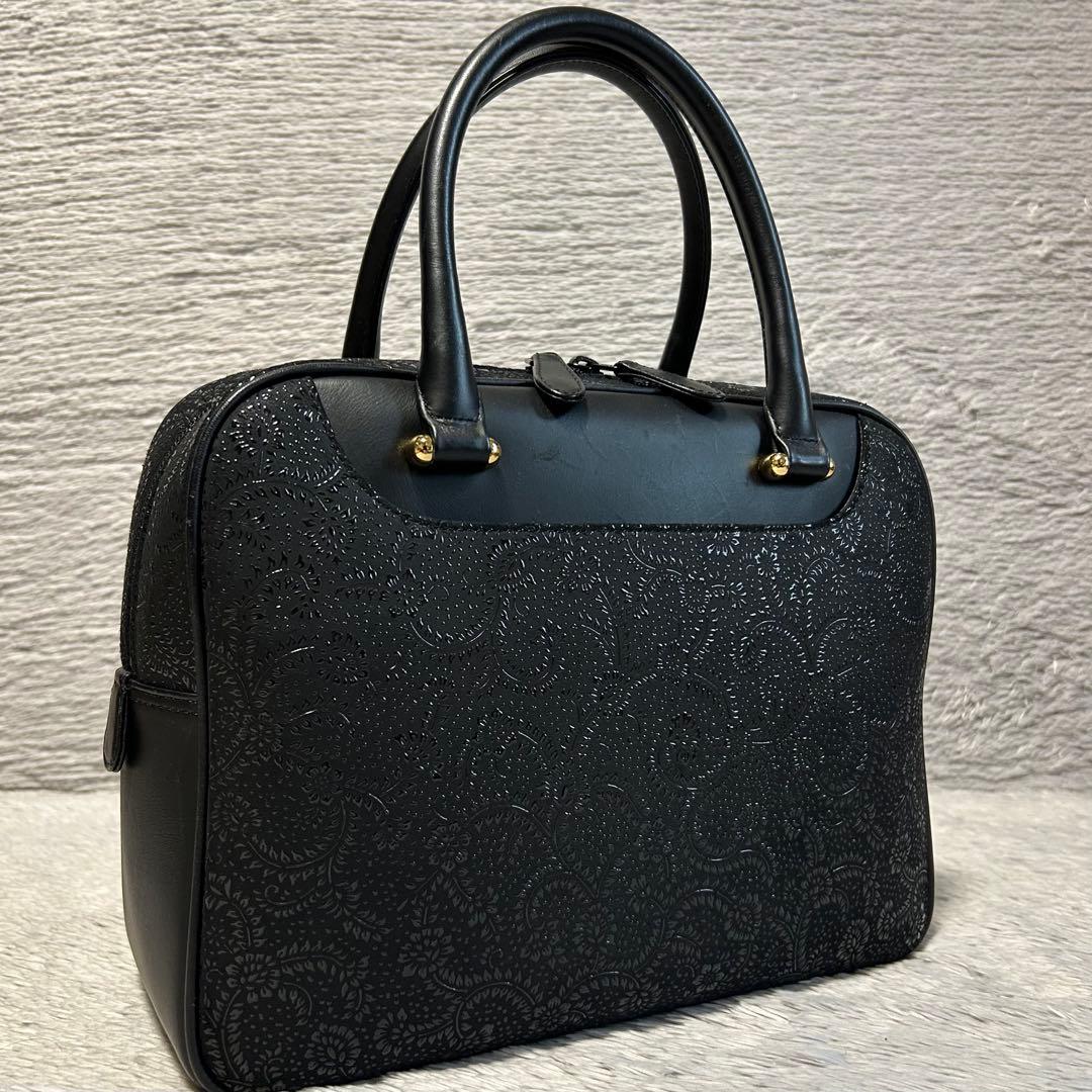 印傳屋 印伝　ハンドバッグ 鹿革 レザーバッグ　ブラック　甲州印伝 漆模様