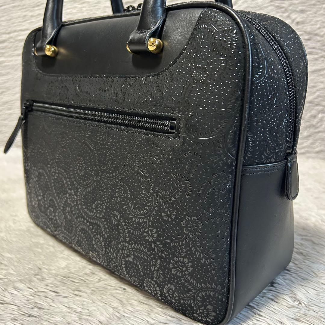 印傳屋 印伝　ハンドバッグ 鹿革 レザーバッグ　ブラック　甲州印伝 漆模様