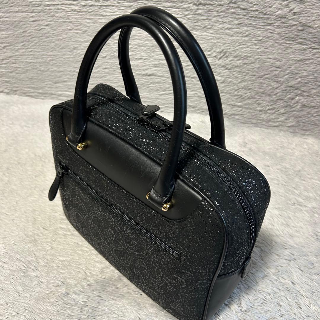 印傳屋 印伝　ハンドバッグ 鹿革 レザーバッグ　ブラック　甲州印伝 漆模様