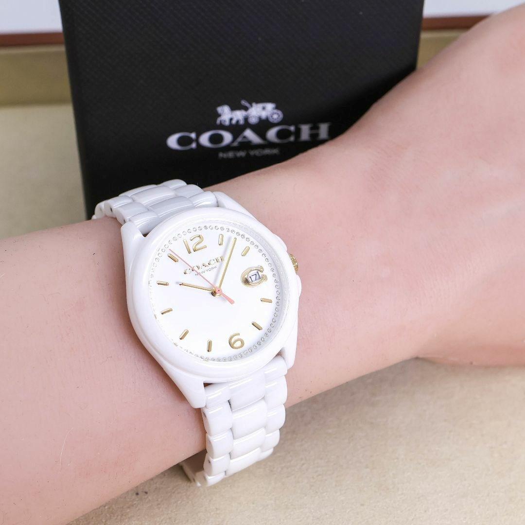 稼働 COACH 腕時計 ホワイト セラミック デイト ストーン 2158