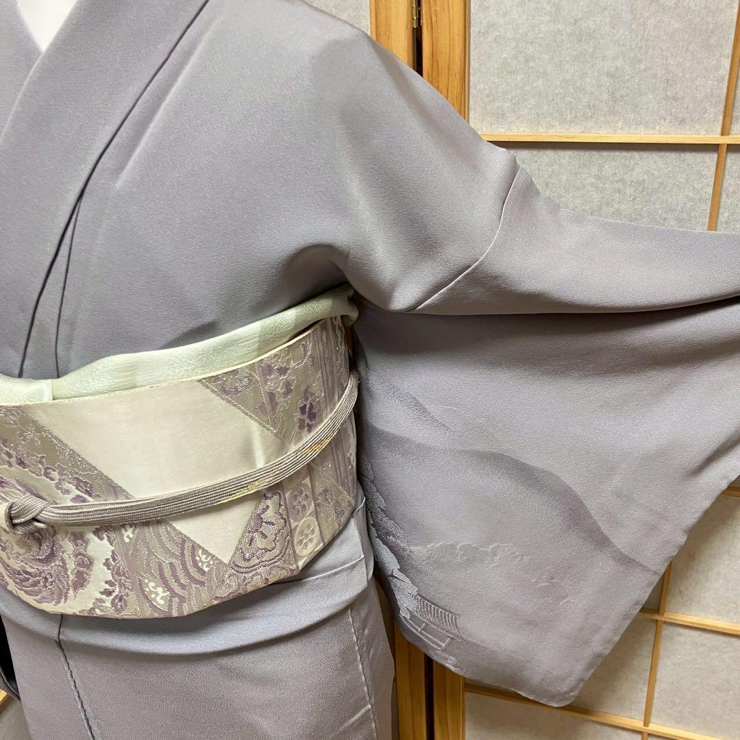 ［6817］訪問着 美品 銀閣寺 銀糸 反端付 一つ紋 花菱 正絹 着物 袷