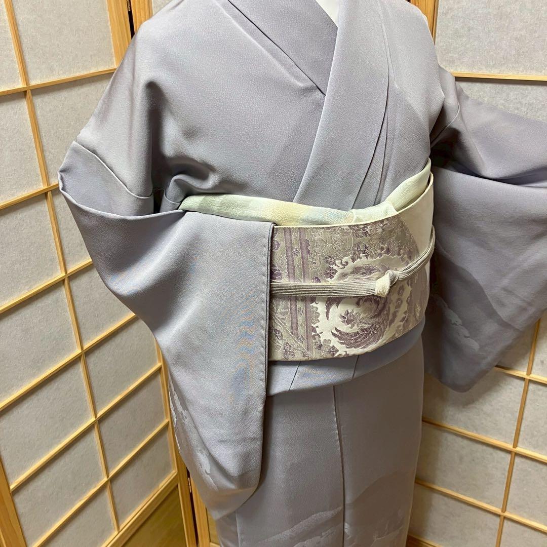 ［6817］訪問着 美品 銀閣寺 銀糸 反端付 一つ紋 花菱 正絹 着物 袷