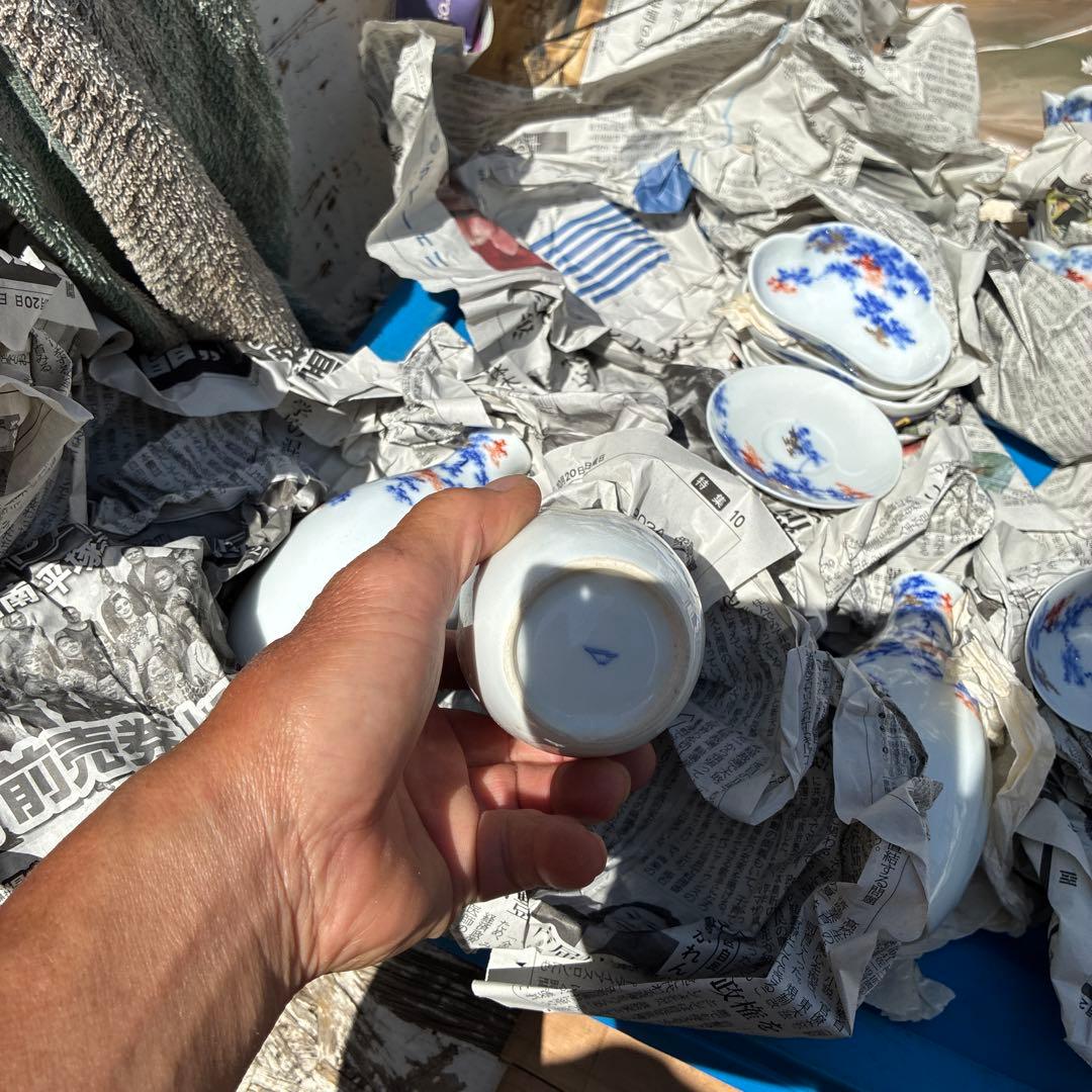 オールド深川青磁もみじ紅葉　皇室御用達　平皿小皿カップセット計54 富士流水裏印