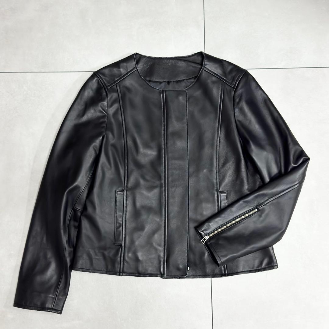 未使用級✨もりのがっこう　ラムレザー ノーカラージャケットブルゾン　ブラック　L