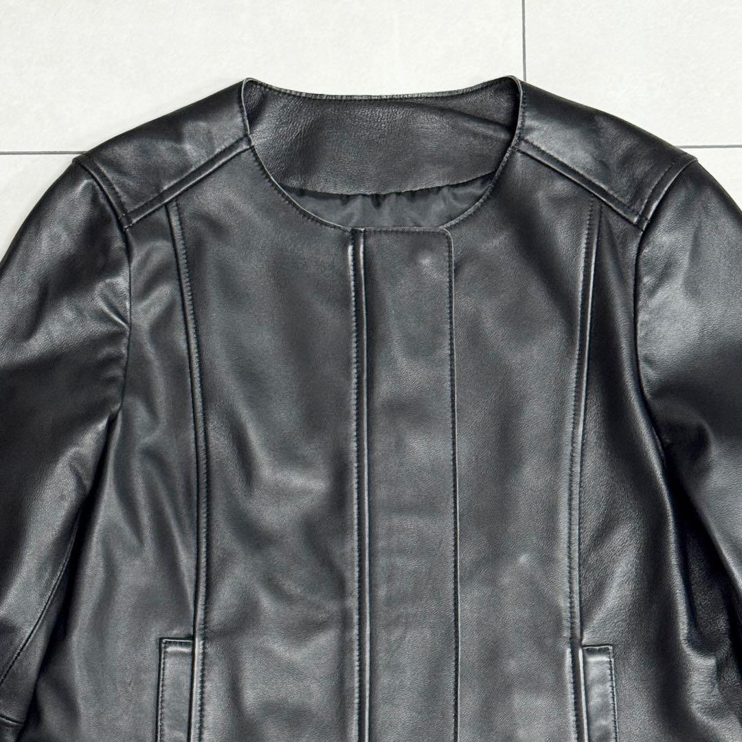 未使用級✨もりのがっこう　ラムレザー ノーカラージャケットブルゾン　ブラック　L