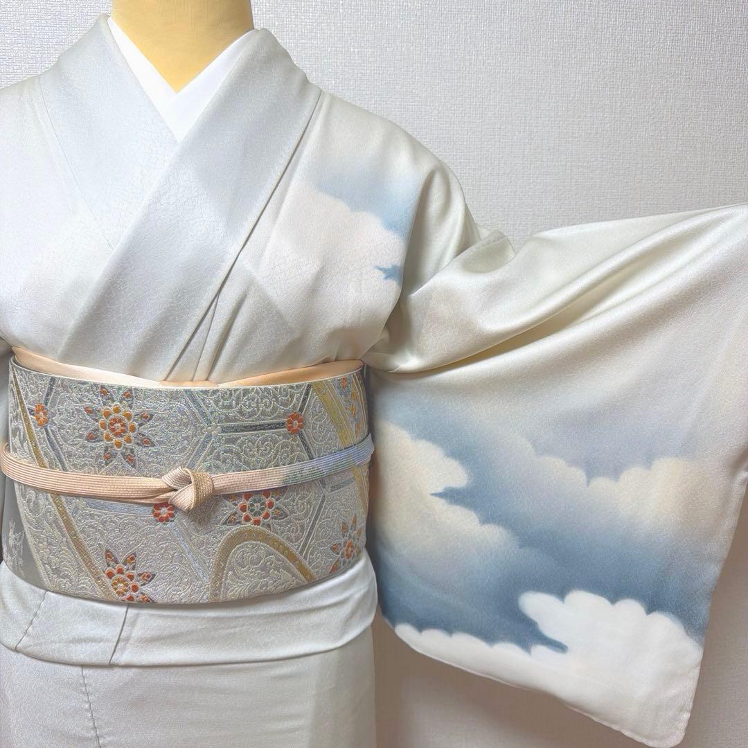 10 訪問着フルセット 正絹 淡い水色 ブルー 総刺繍 暈し染め 上品 シンプル