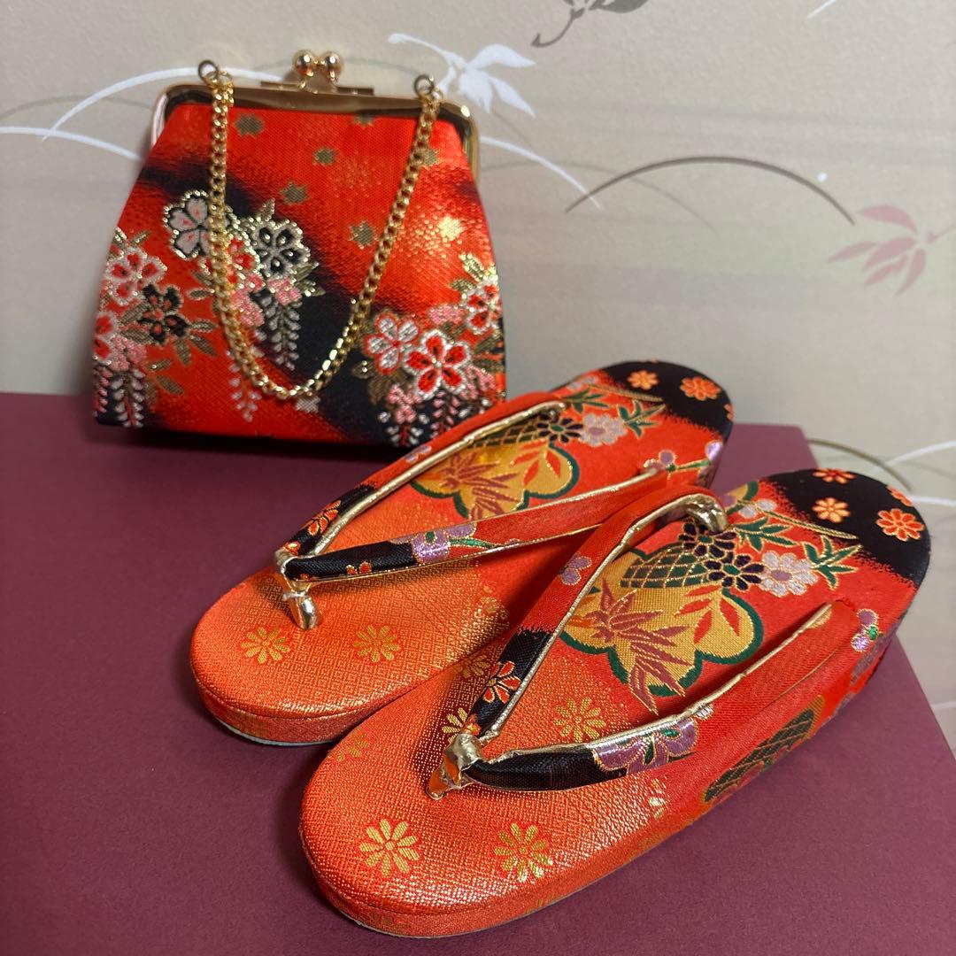 七五三用 赤色花柄草履とバッグセット