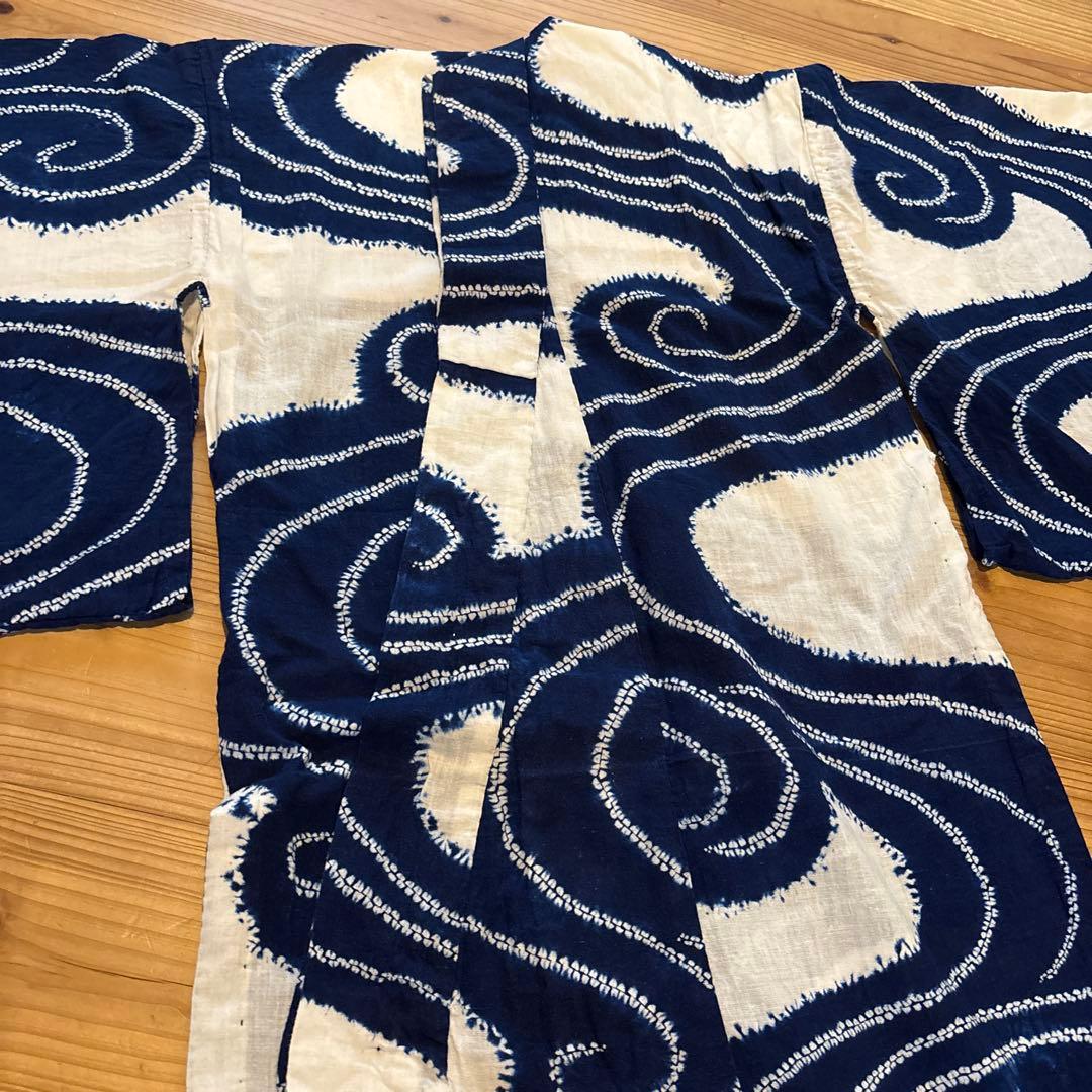 有松絞り浴衣 波 ぐるぐる 単色 手縫い 藍染 アンティーク ヴィンテージ 絞り