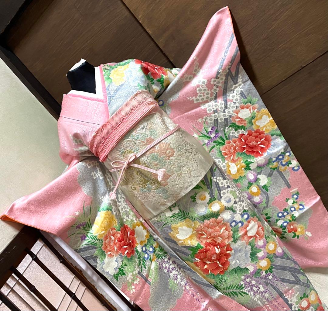 振袖フルセット6点サイズM〜Ｌ駒刺繍　渡り橋藤花房文　金彩　正絹