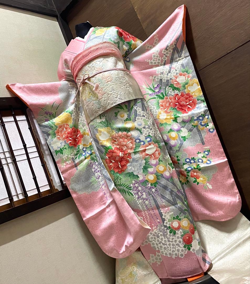 振袖フルセット6点サイズM〜Ｌ駒刺繍　渡り橋藤花房文　金彩　正絹