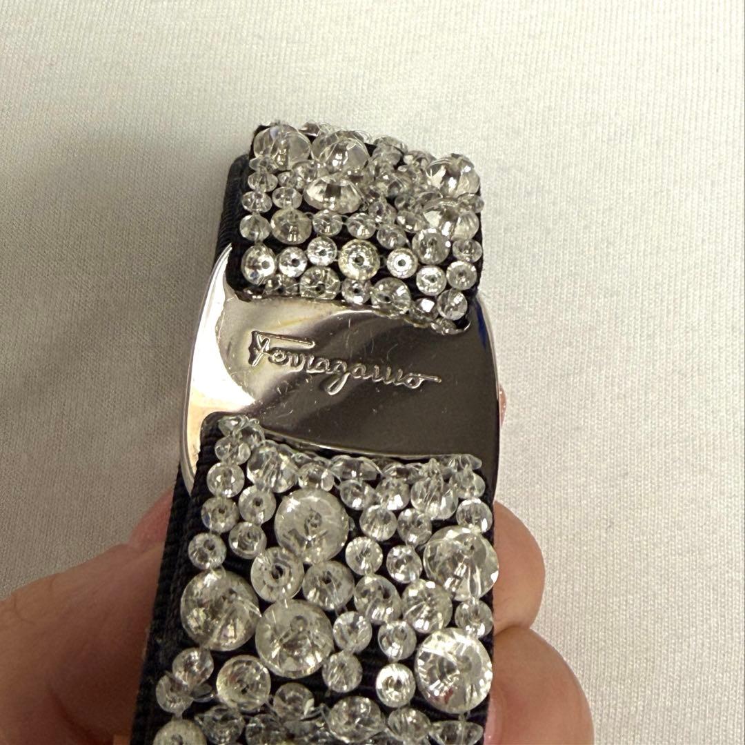 極美品フェラガモ バレッタ ビジュー ラインストーン シルバー リボン スワロ