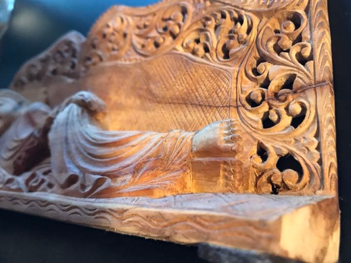 香道　寝釈迦像　仏像アンティークW24cm細密手彫刻木製　飾り　茶道具　作家物