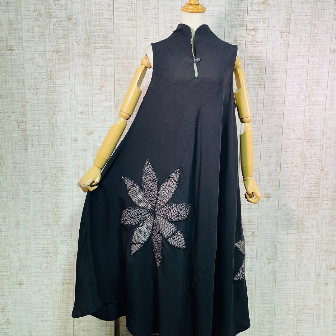 ブラックアンジェラ＊立ち襟ロングテントライン花びらパッチワンピースＬ