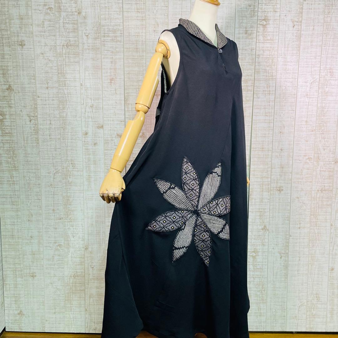 ブラックアンジェラ＊立ち襟ロングテントライン花びらパッチワンピースＬ