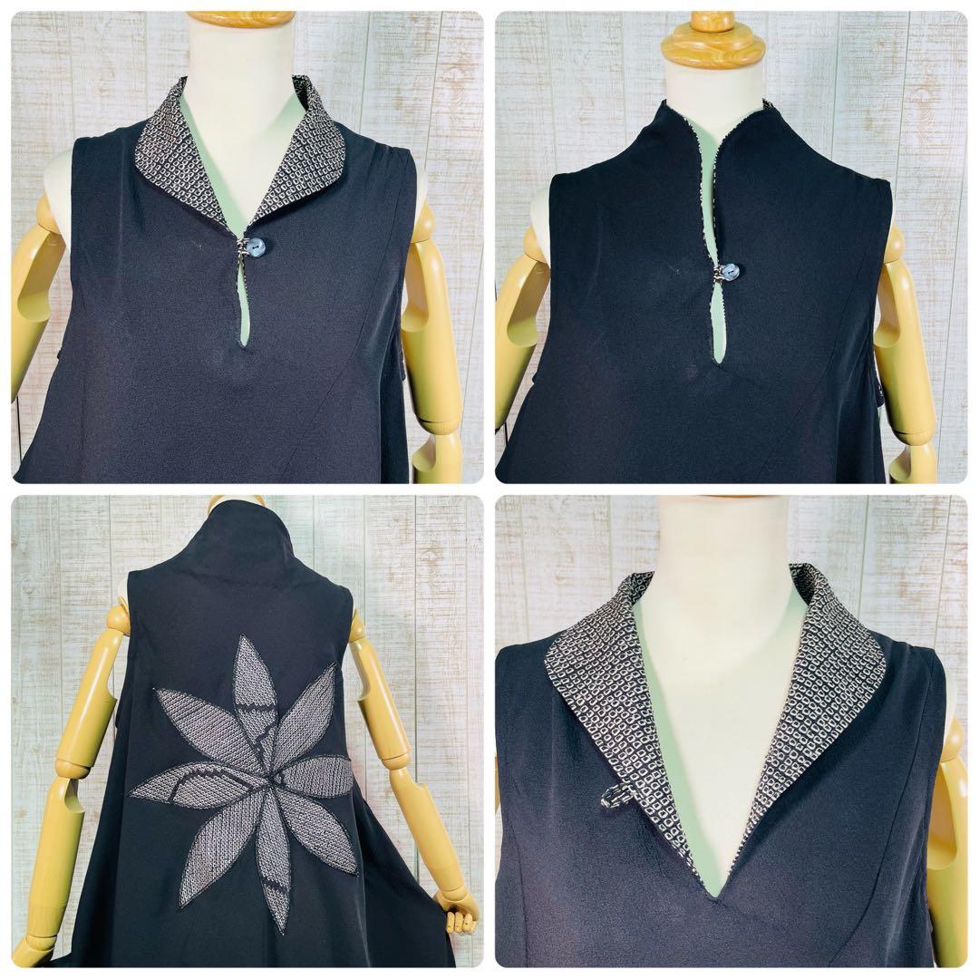 ブラックアンジェラ＊立ち襟ロングテントライン花びらパッチワンピースＬ