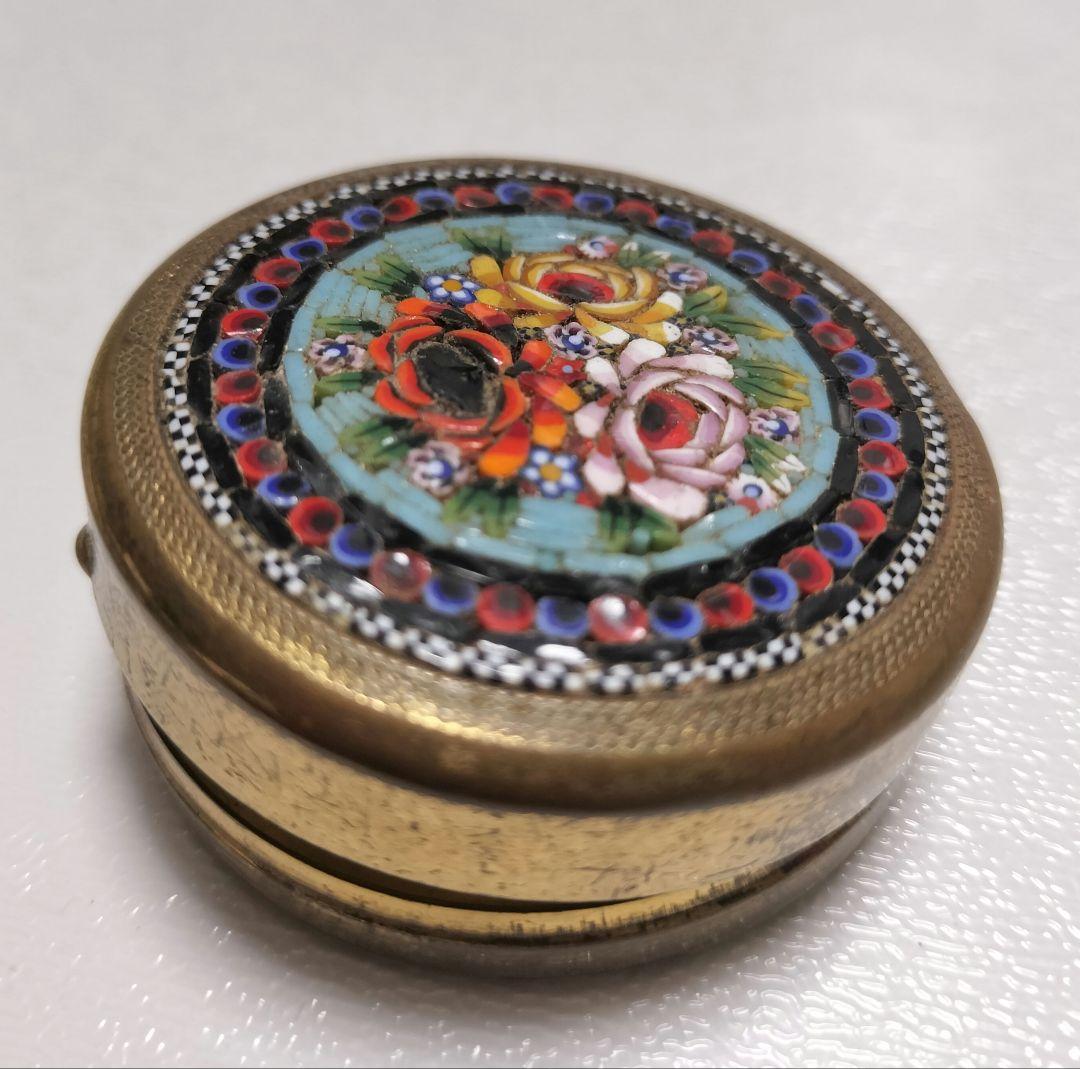 ITALY製 マイクロモザイク コンパクトミラー 小物入れに 薔薇 アンティーク