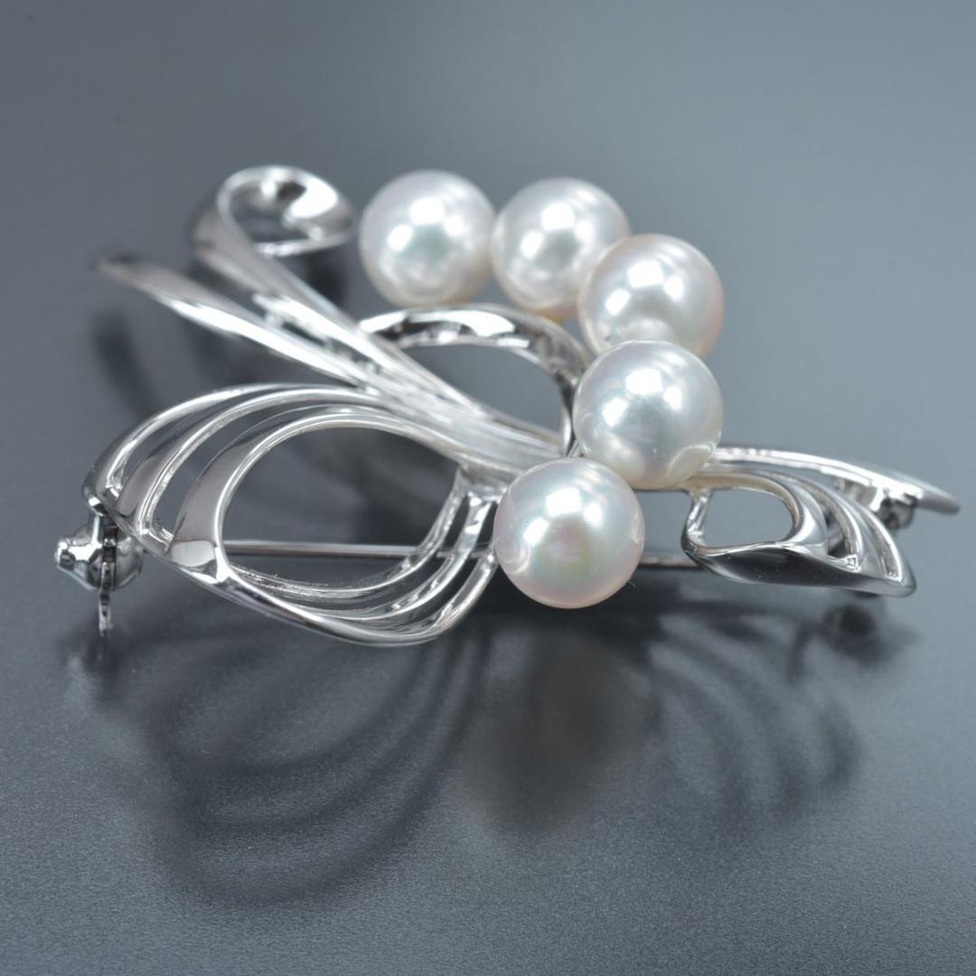 美品 ミキモト アコヤ真珠 ブローチ SV リボン 曲線 パール約6.9mm箱付