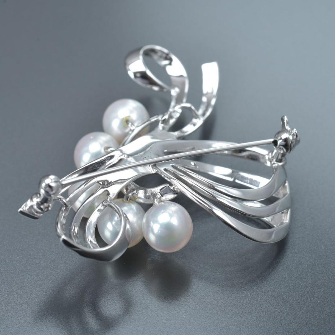 美品 ミキモト アコヤ真珠 ブローチ SV リボン 曲線 パール約6.9mm箱付