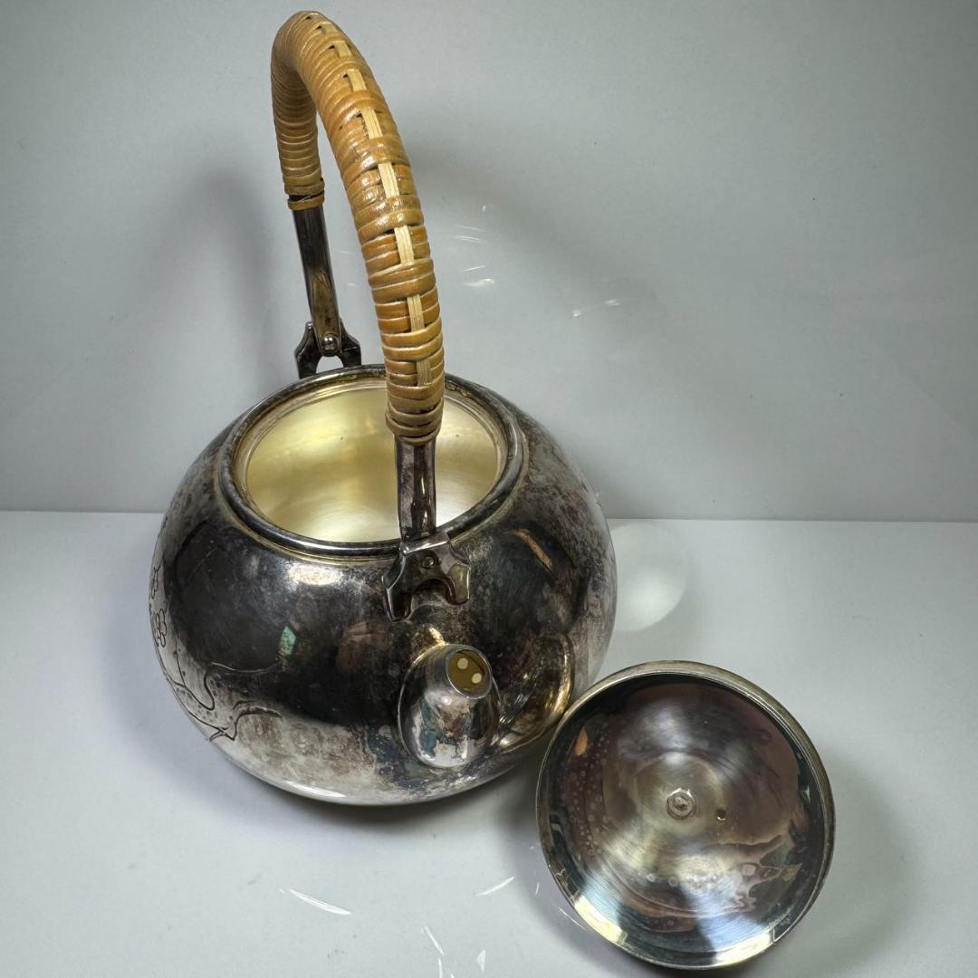 純銀製 銀祥堂造 梅彫 貴石摘 湯沸 古美術品 銀瓶 純銀保証