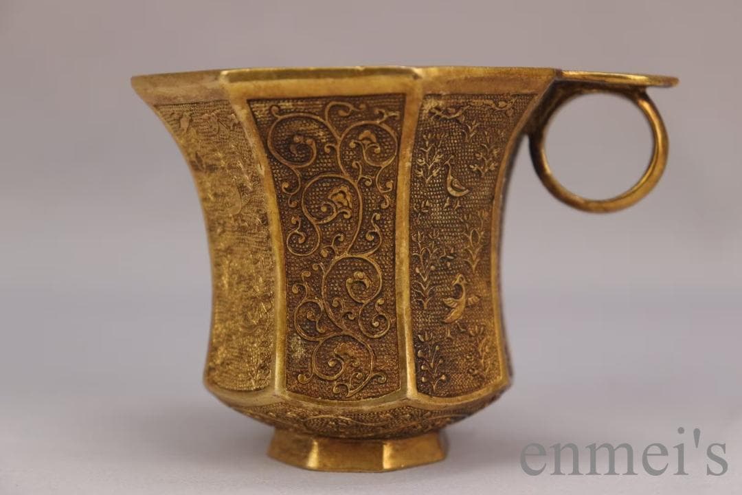 中国古美術 旧蔵 唐代 大唐貞觀款 鍍金銅酒杯 精銅製 鍍金 文房雅器 酒具