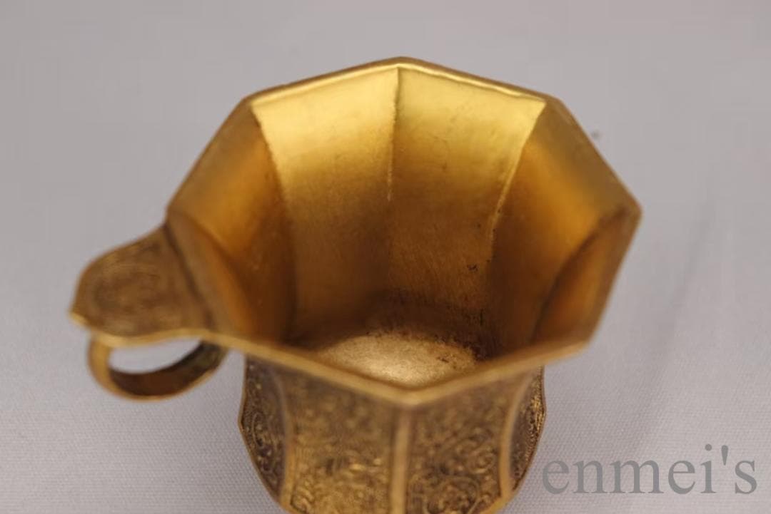 中国古美術 旧蔵 唐代 大唐貞觀款 鍍金銅酒杯 精銅製 鍍金 文房雅器 酒具