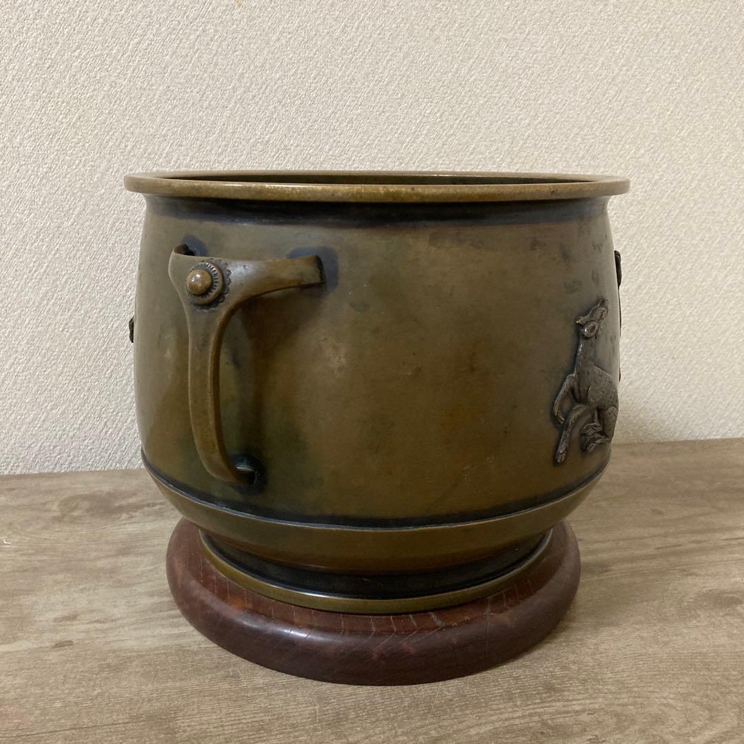 時代銅火鉢　壱対　宣徳火鉢　江戸文政　手炙り　アンティーク　珍品　高肉彫