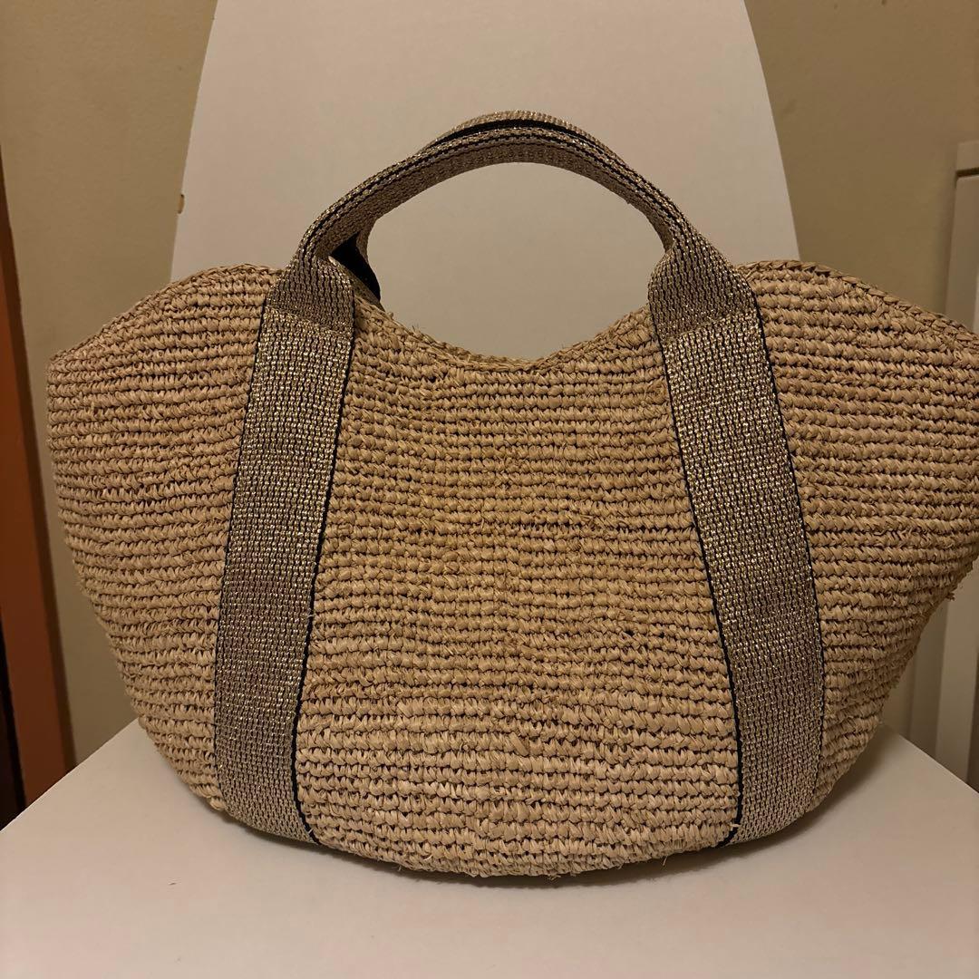 ベージュ ストロー トートバッグ タッセル付き