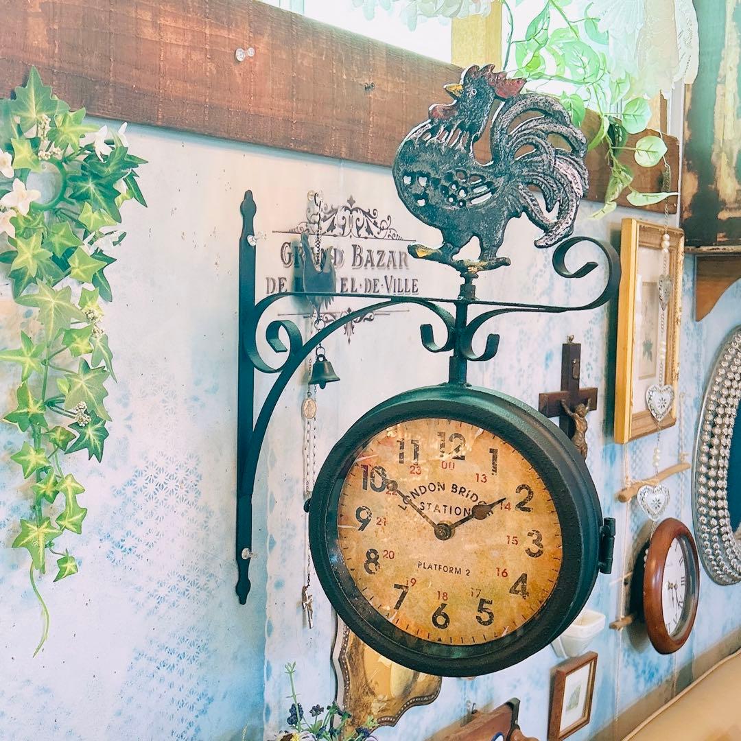 おしゃれな壁掛け時計 アンティーク 風見鶏top 両面時計 艶無しブラック