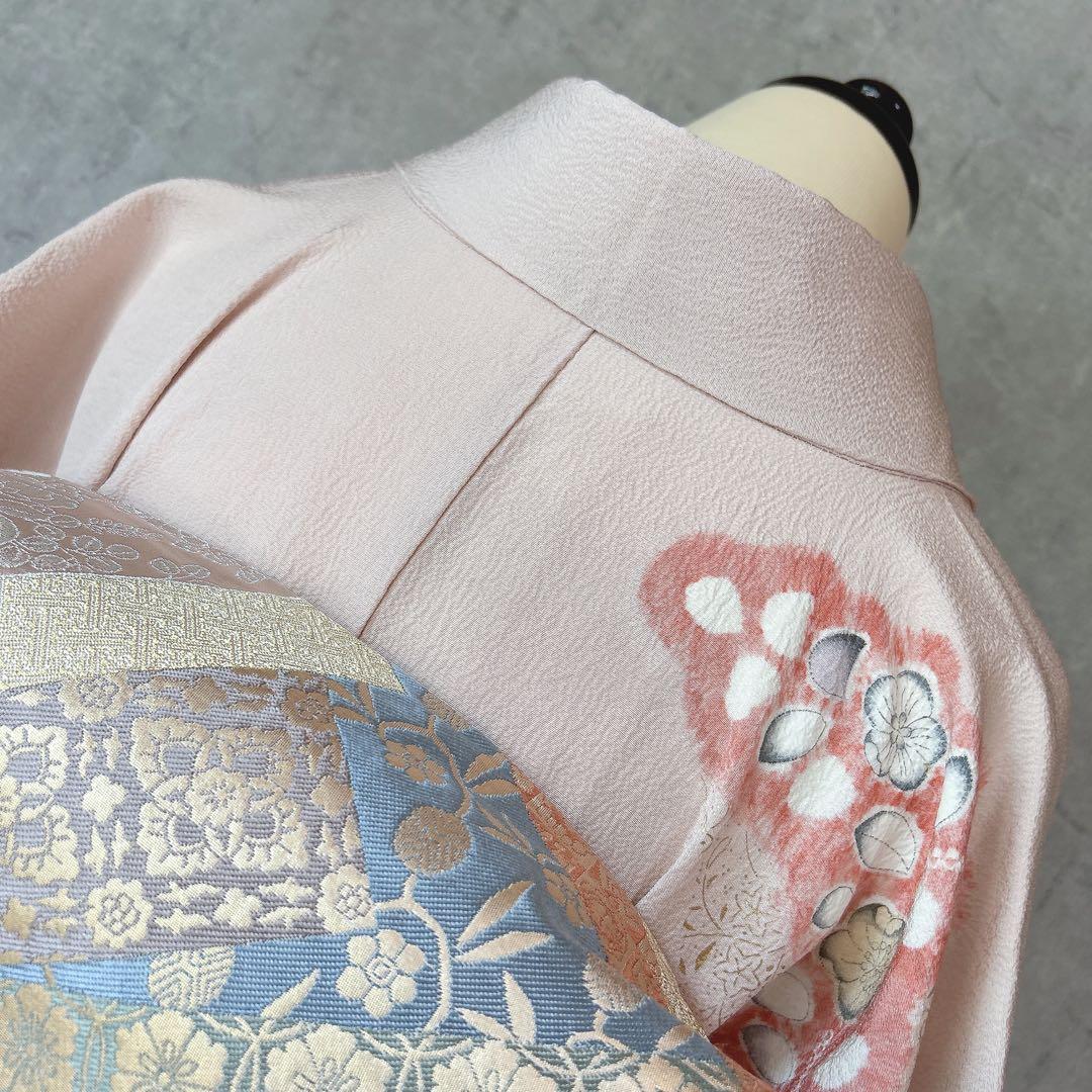訪問着フルセット　辻が花　着物　正絹　くすみピンク　小さめサイズ